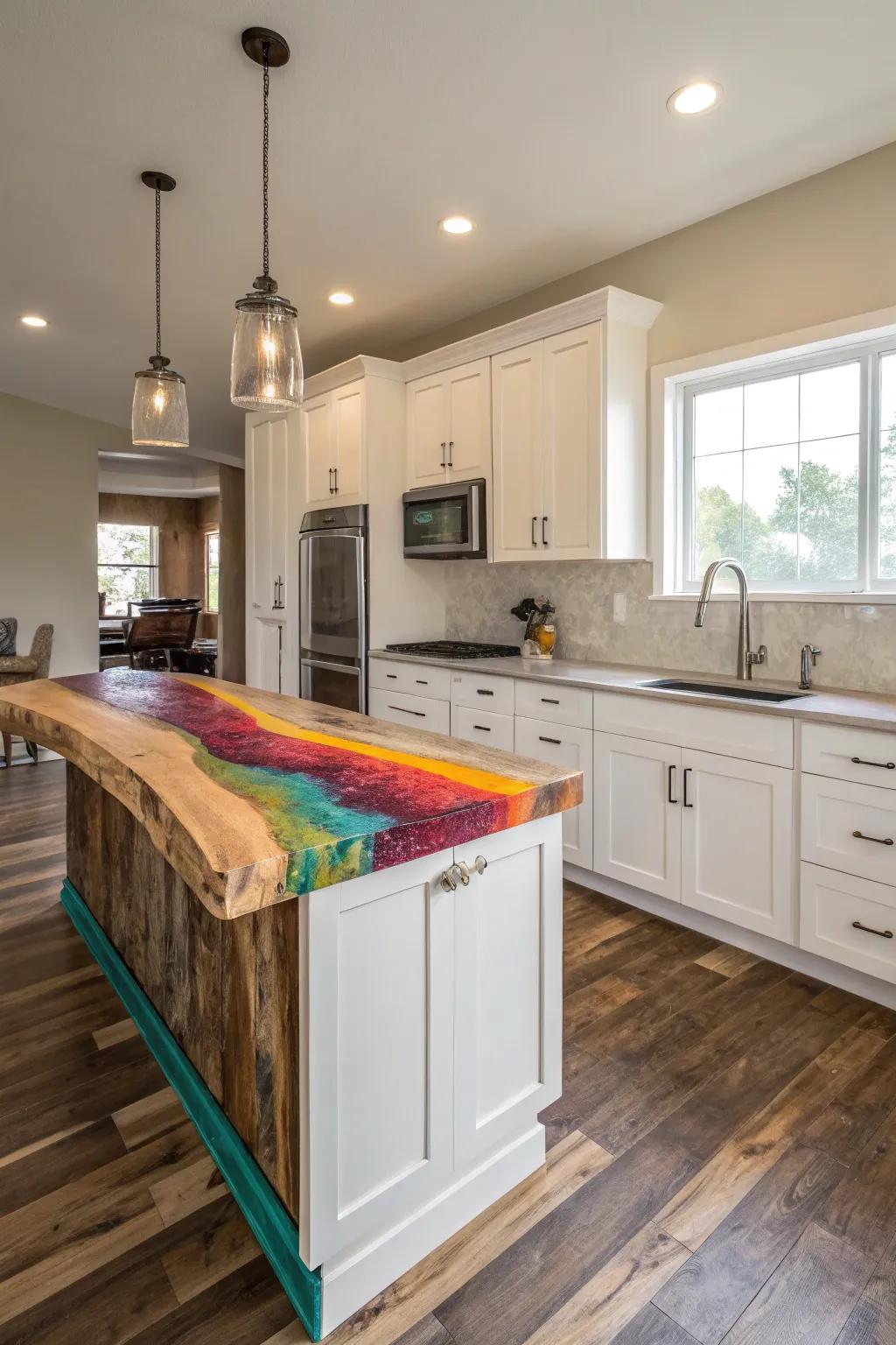 A vibrant raw edge countertop adding a splash of color to a neutral kitchen.
