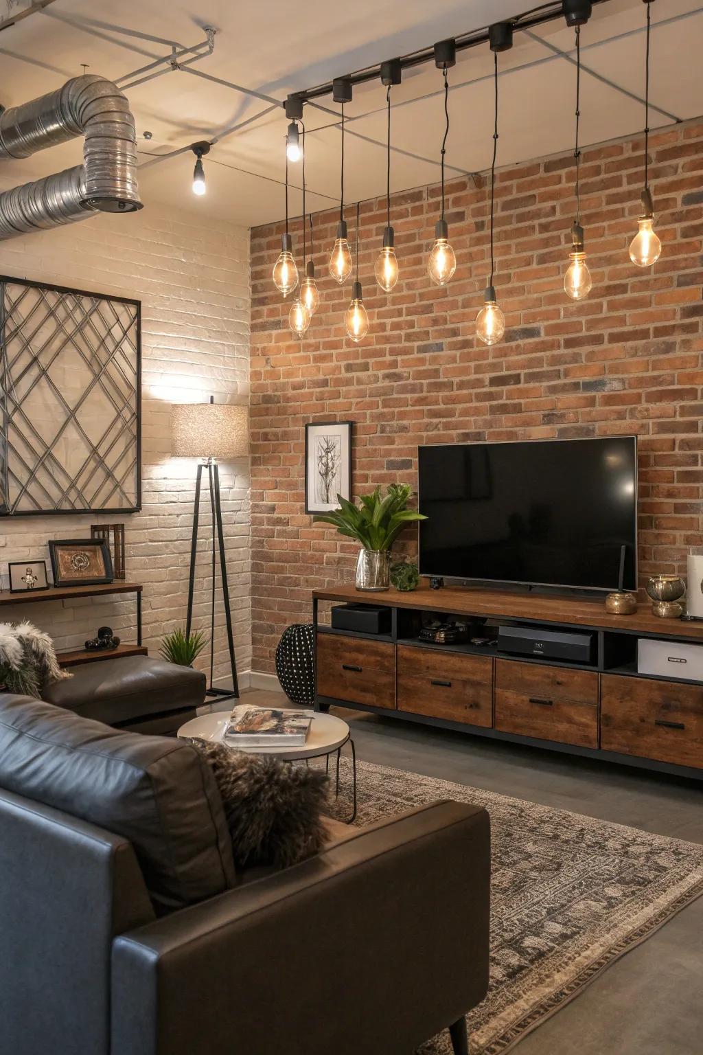 Faux brick adds industrial charm and character to this living room.