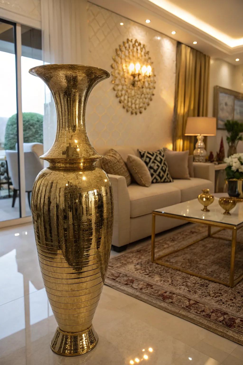 A reflective gold vase adds a touch of glamour to an elegant living space.