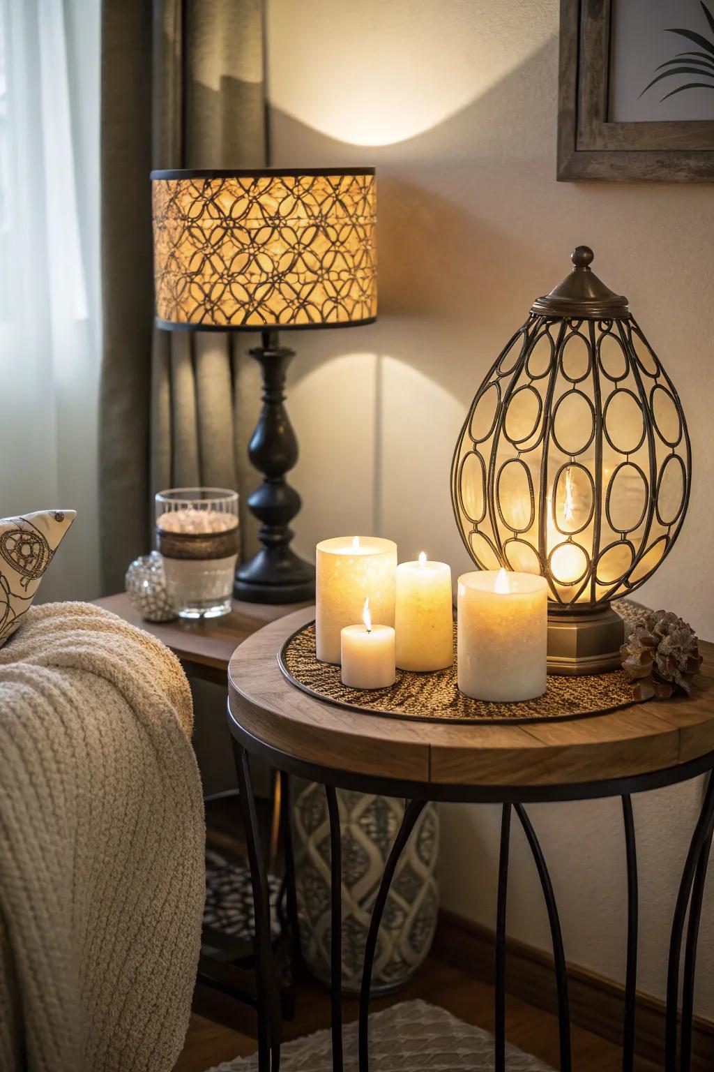 Lighting enhances the ambiance and highlights side tables.