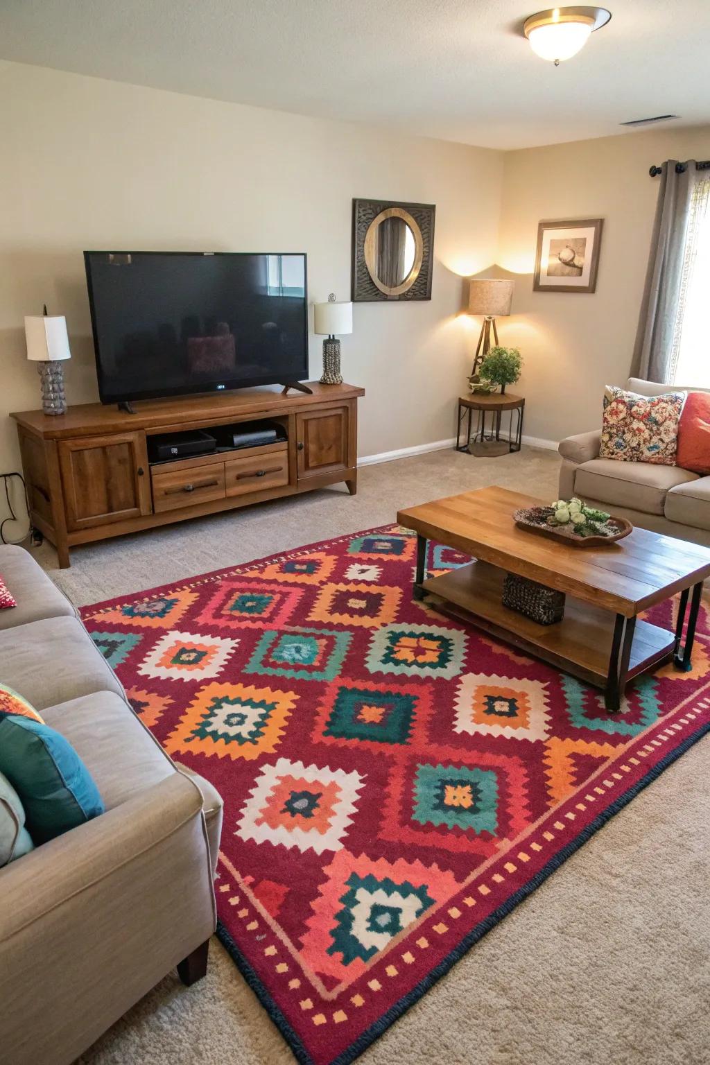 A statement rug adds color and texture to the TV area.