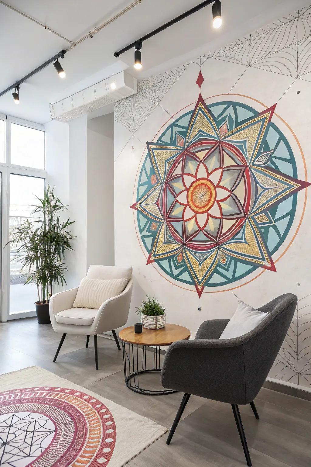 A geometric pattern design elegantly bridging styles in a studio.