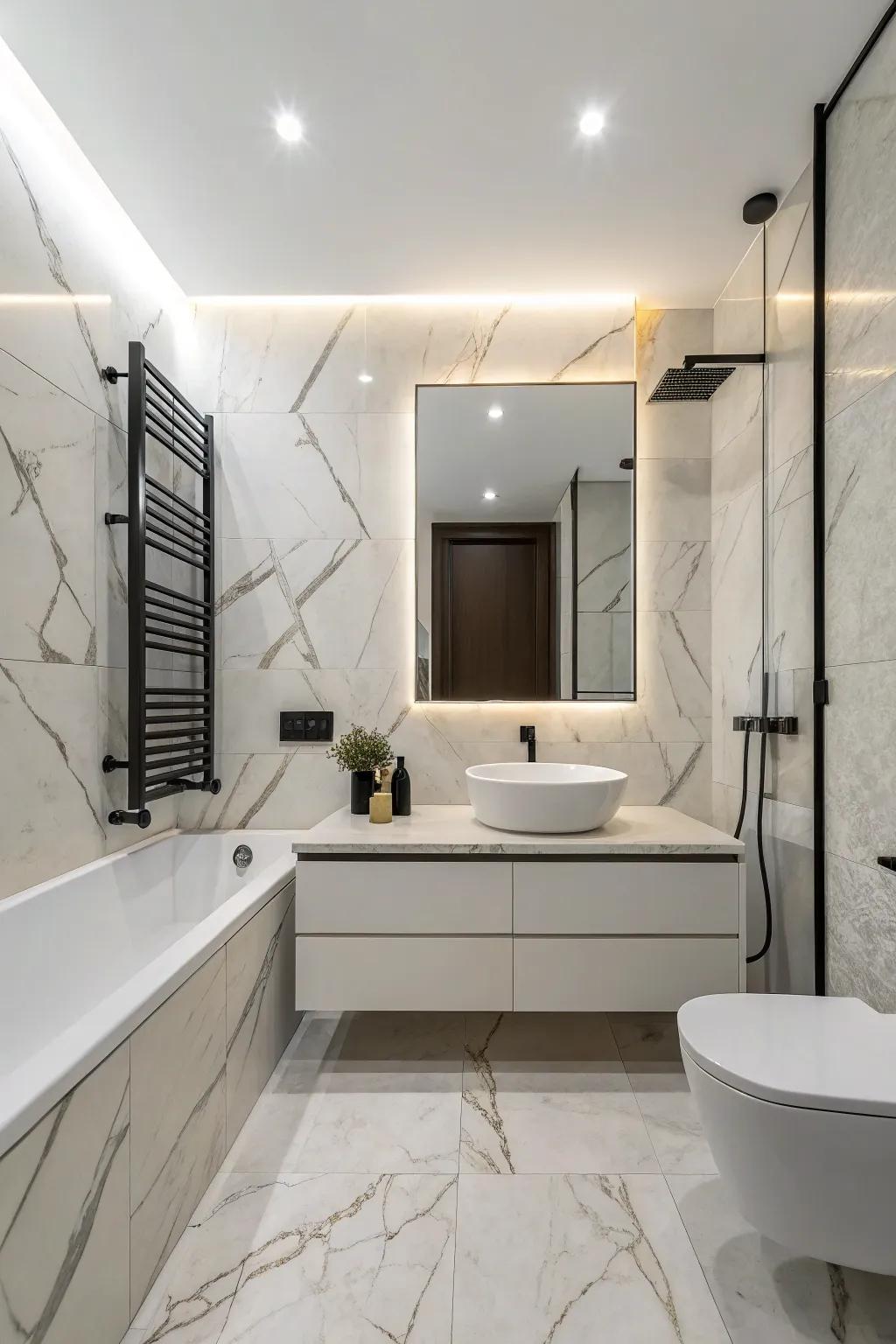 Minimalist decor adding warmth and nature to a bathroom with marble porcelain tiles.