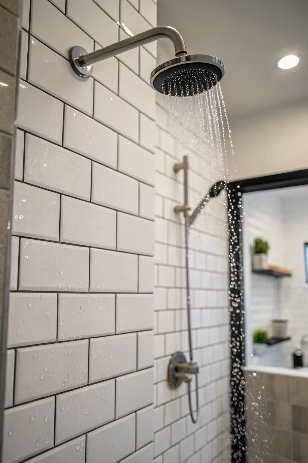 A shower featuring minimalist subway tiles, offering timeless elegance.