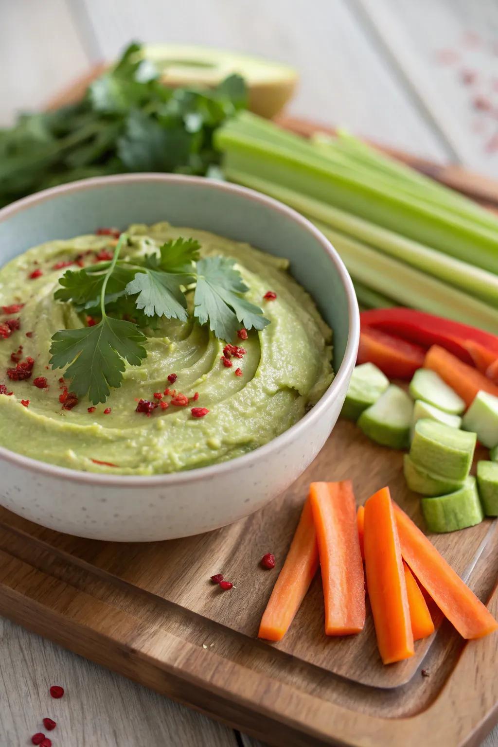 Avocado dip, a smooth treat with Mexican influence.