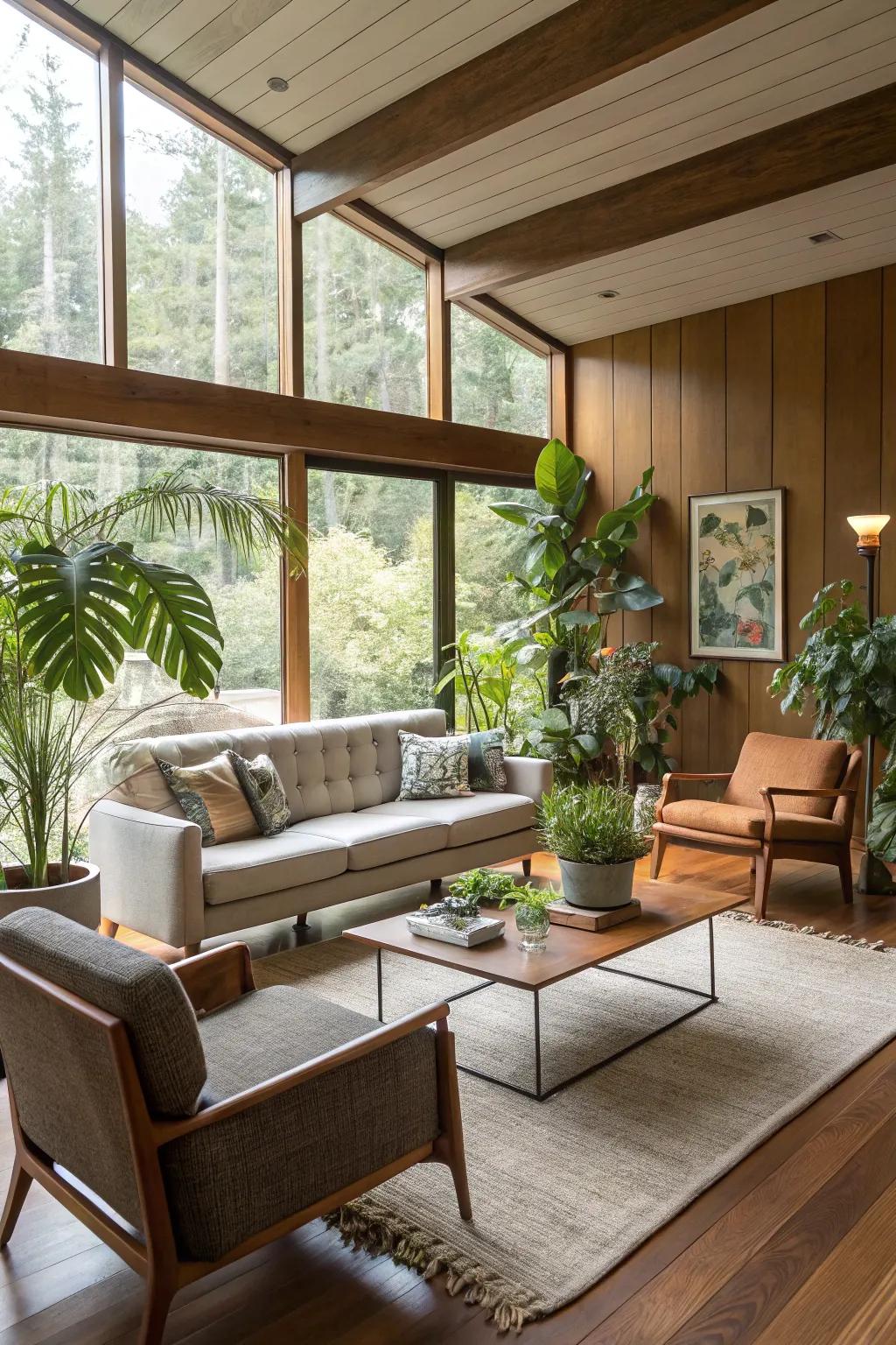 Houseplants add life and color to this mid-century modern living room.