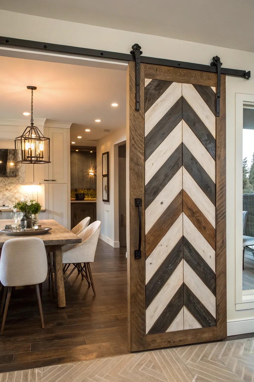 Chevron patterns on barn doors create a sense of movement and style.