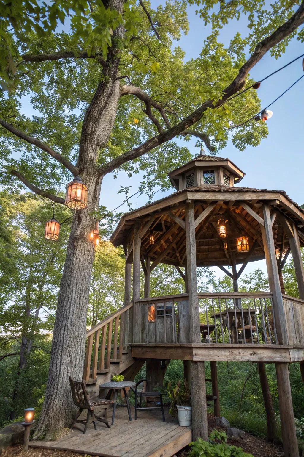 A treehouse gazebo that combines adventure and tranquility in a unique setting.