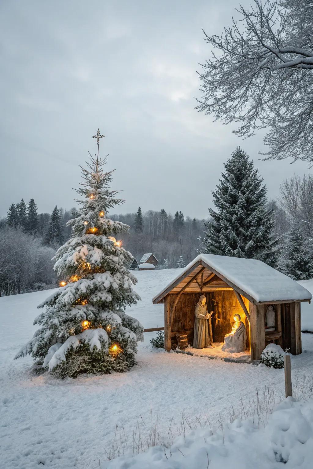 A snowy landscape backdrop crafts a serene winter wonderland.