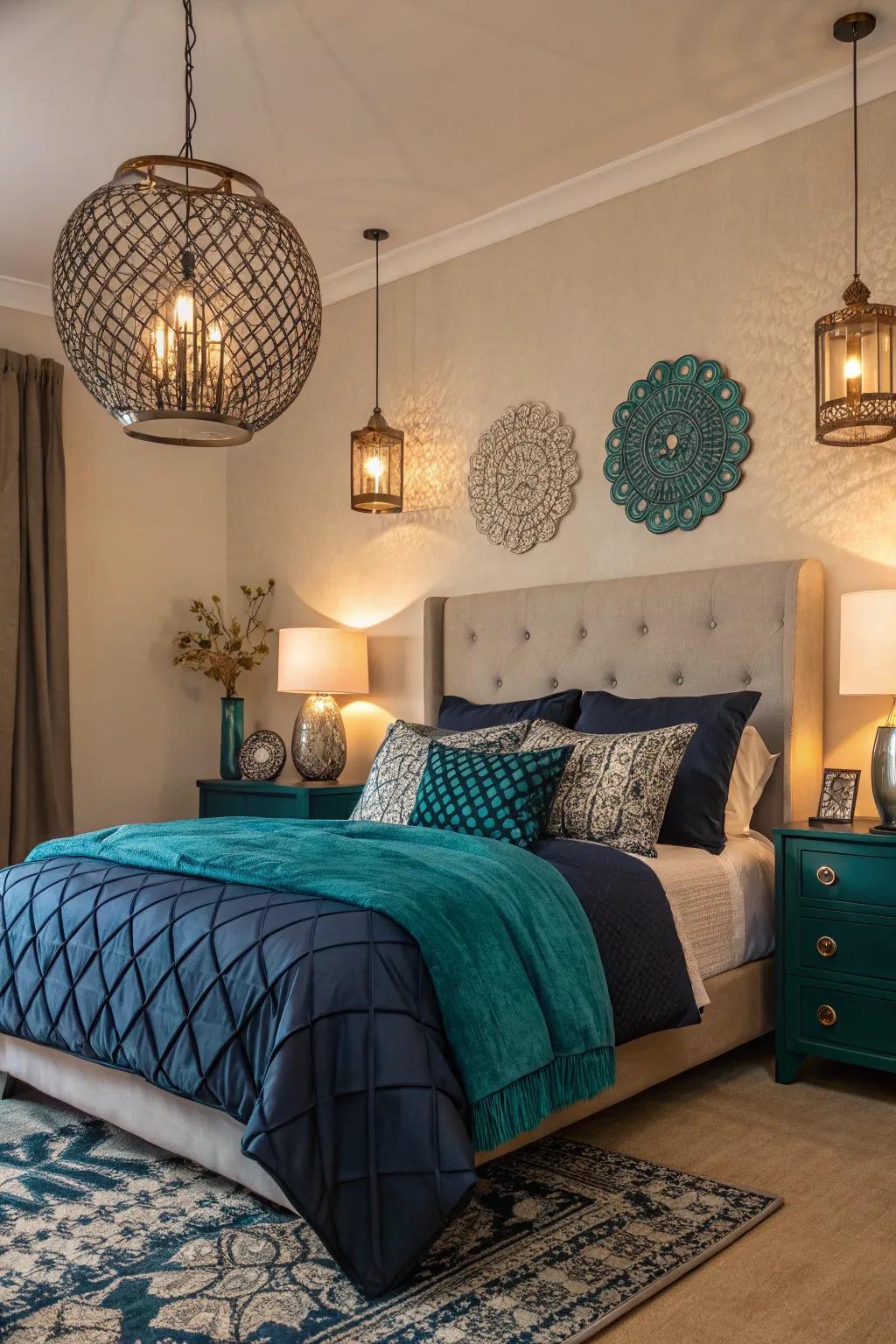 In a navy and teal room, lighting acts as a striking centerpiece.