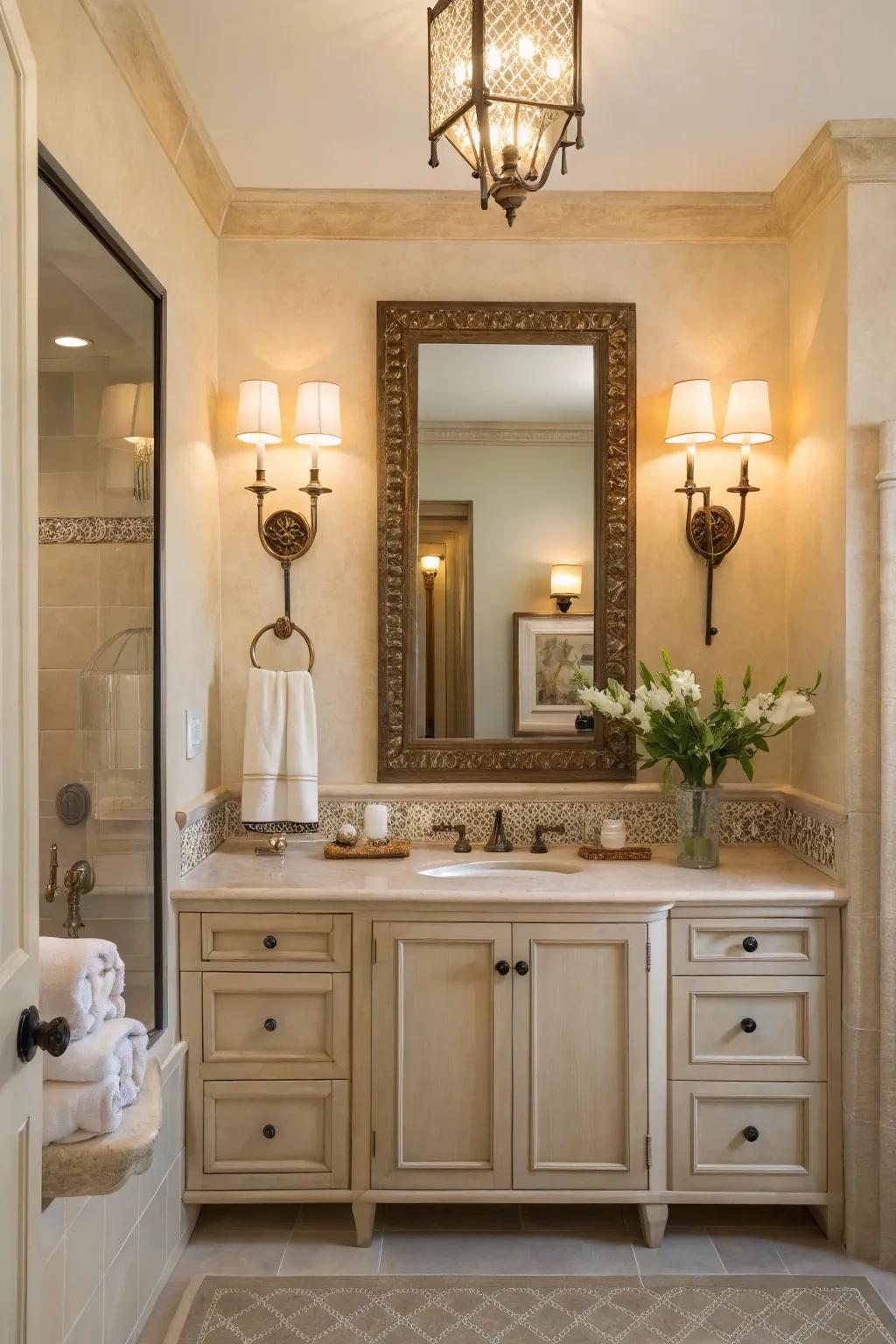 Elegant lighting fixtures add sophistication to this neutral bathroom.