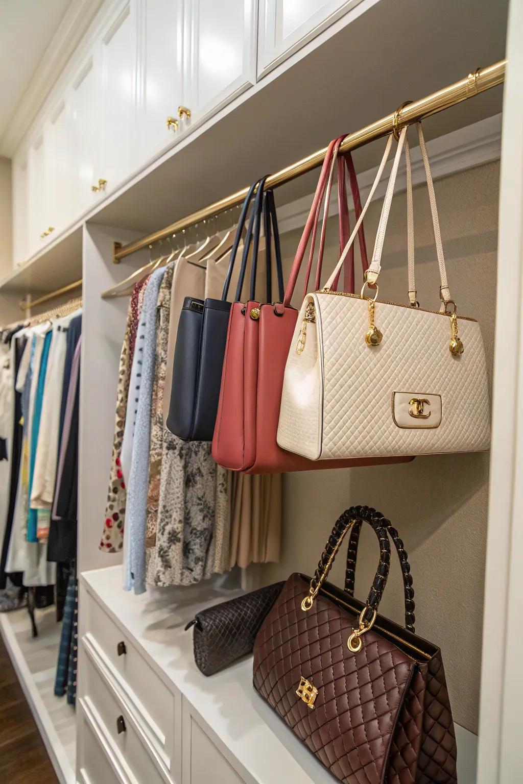 Hanging purses on a rod is both practical and stylish.