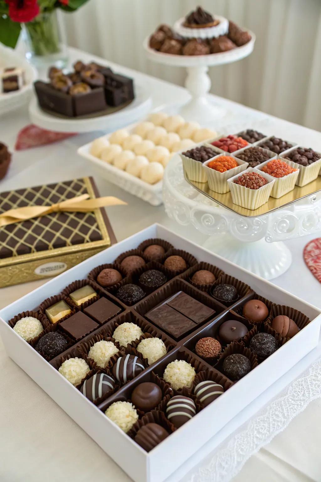 Gourmet chocolates arranged elegantly as party favors.