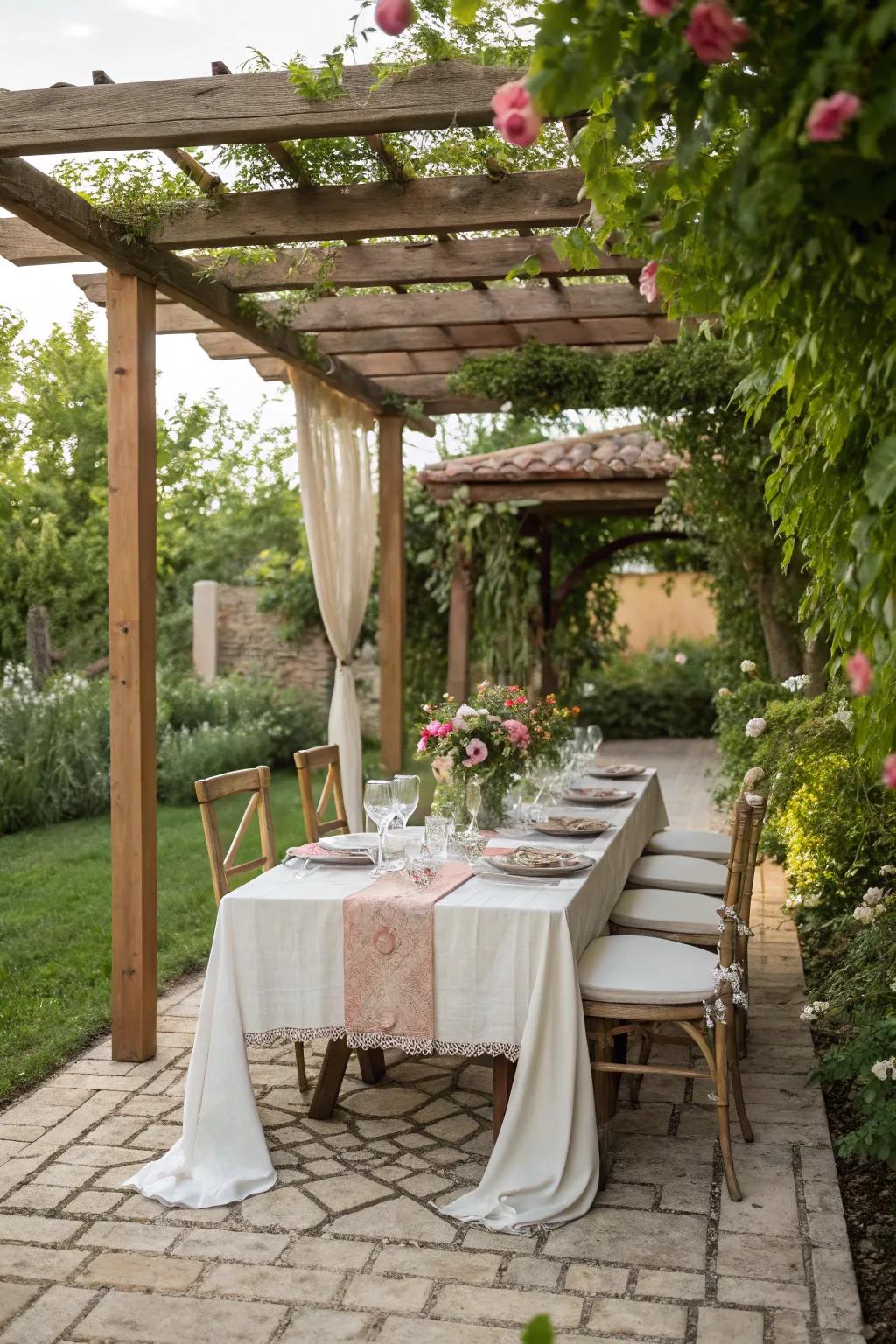 Under the pergola is an appealing outdoor dining space.