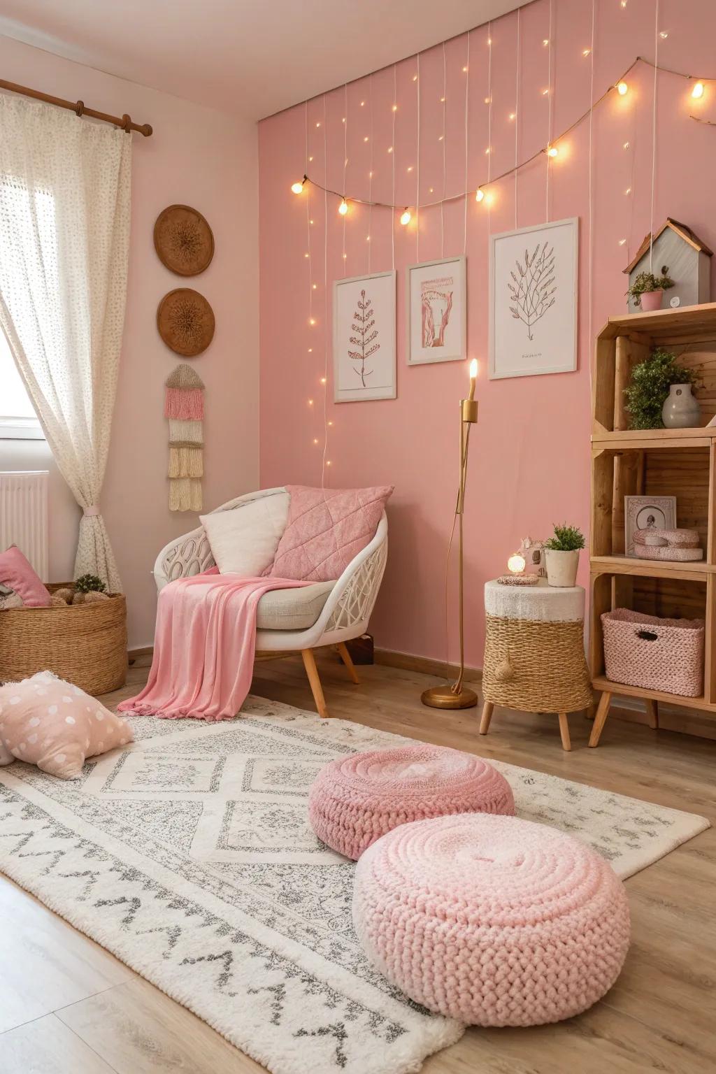 Rosy and subdued tones establish a harmonious setting.