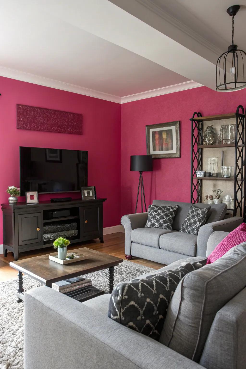 A striking bold pink standout wall fashions an energetic setting.