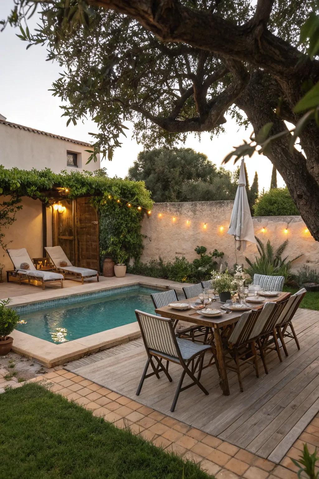 Lounging and dining spaces complement the pool area for a complete outdoor experience.