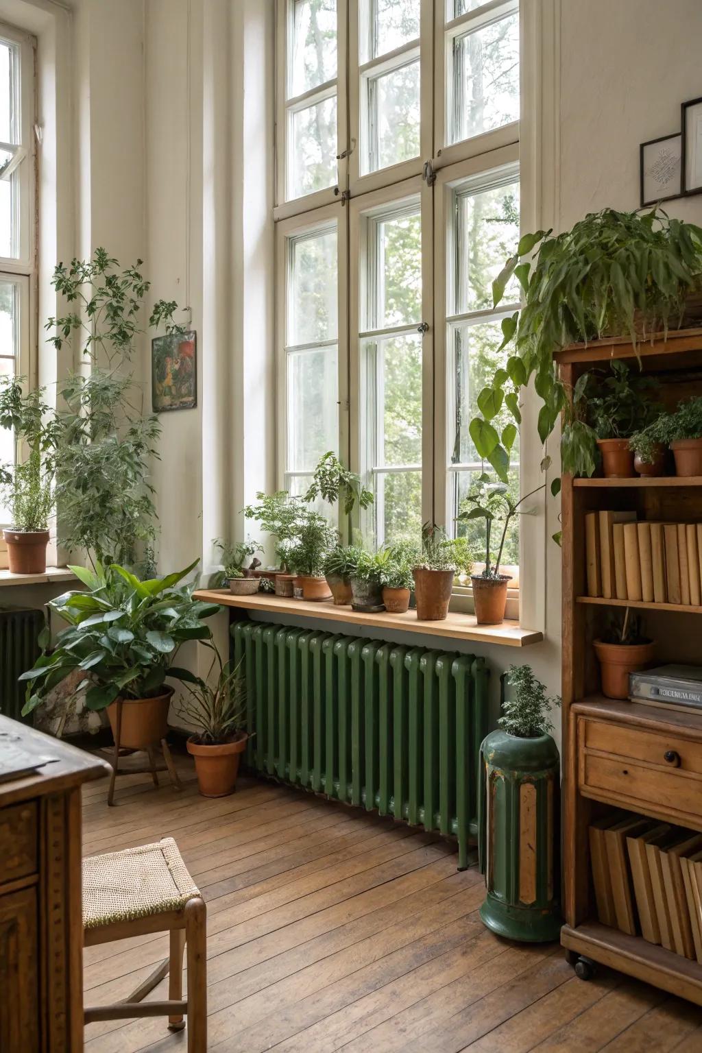 Forest green radiators add natural calm.