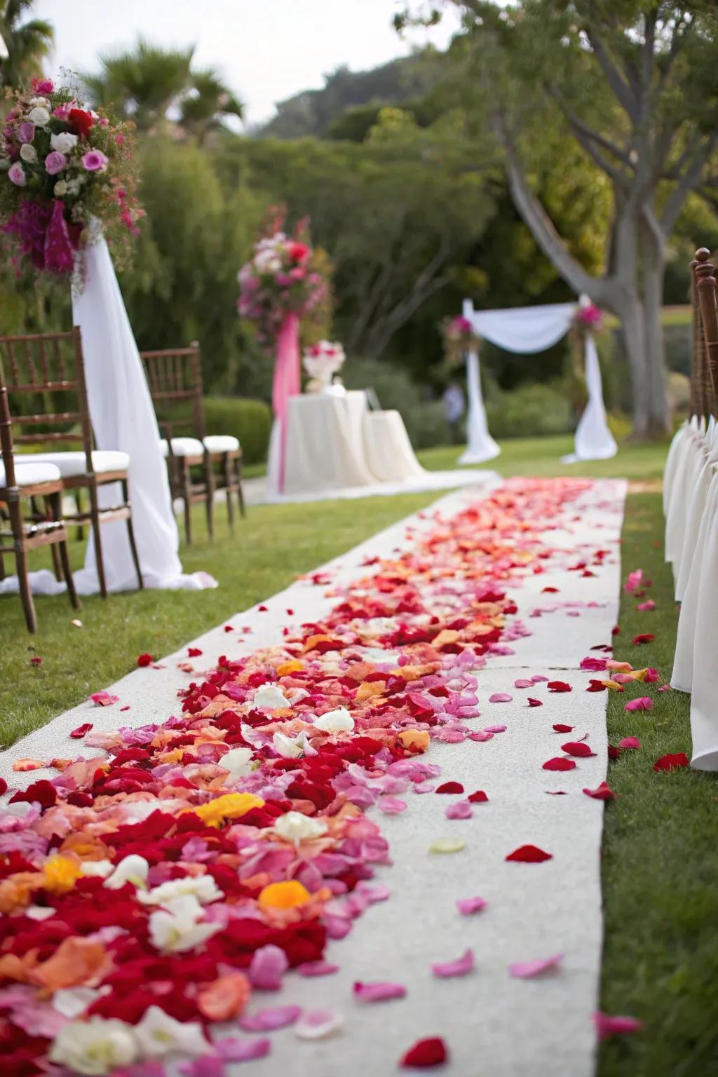 A wedding ceremony path bordered by petals in rainbow tones.