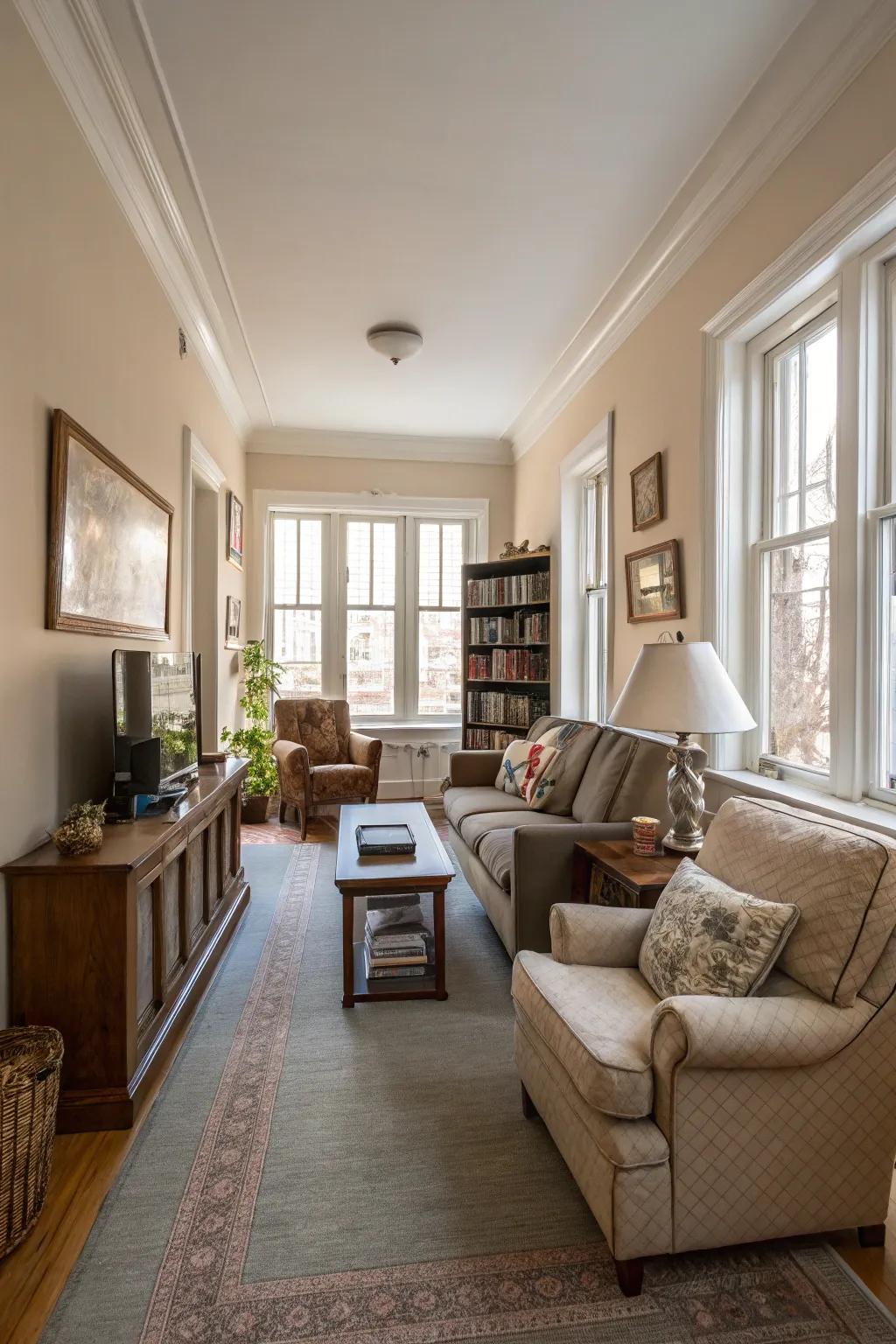 Cross-wise furniture arrangement expands the perceived breadth of the area.