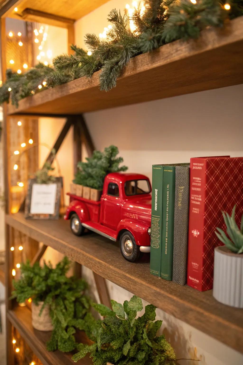 Inviting shelf setup featuring a scarlet pickup and festive accents.
