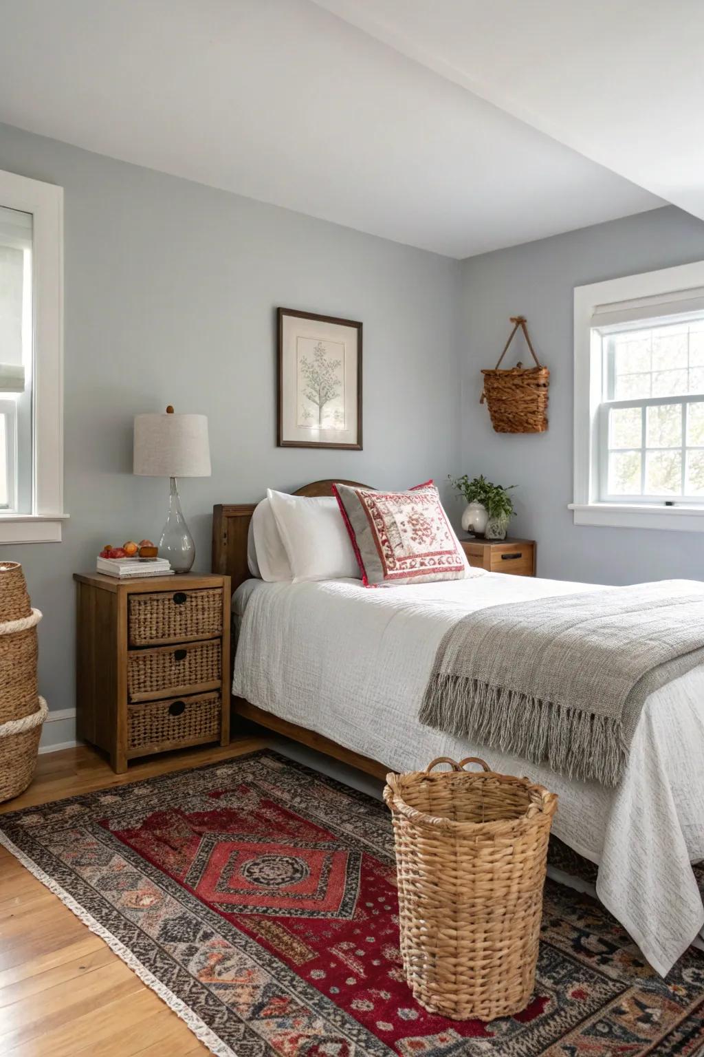 Woven elements add texture to a Stone Echo bedroom.