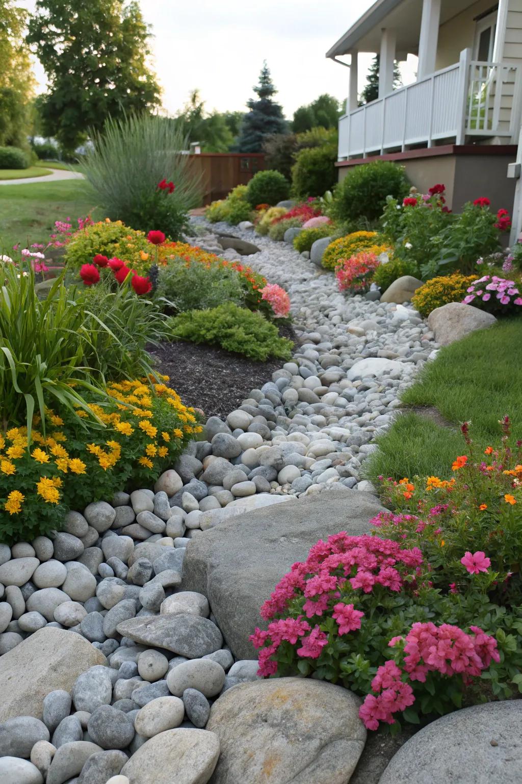 Accentuate your plants using contrasting river rock formations.