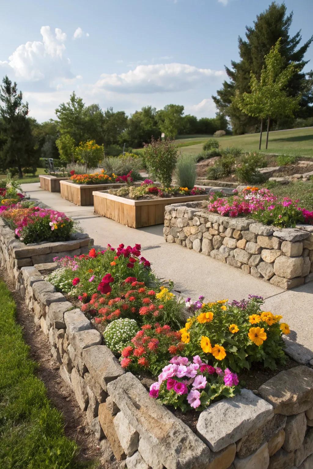 Raised garden beds with stone walls elevate your flowers wonderfully.