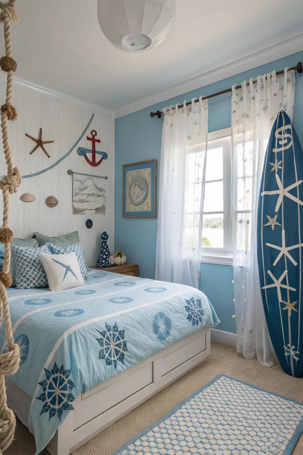 Themed decor ties the room together in a cohesive manner.