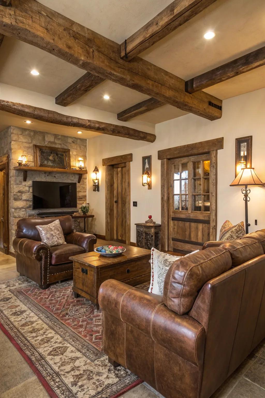 Worn leather furnishings infuse comfort and persona to countryside areas.