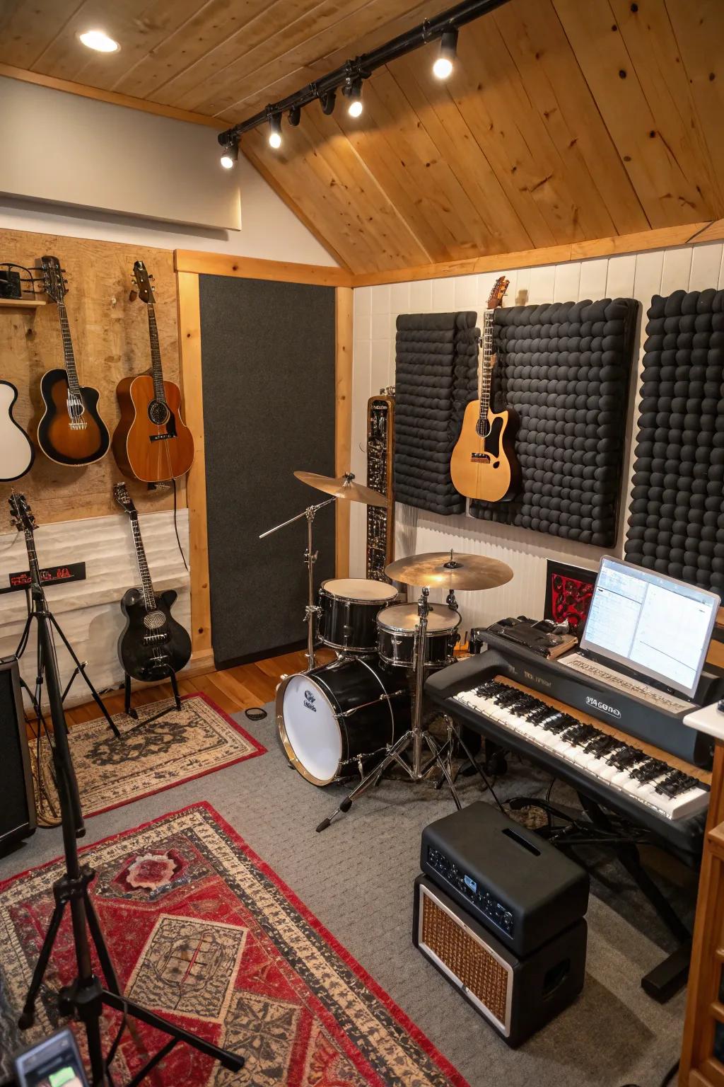 A music fan's dream studio inside of a she shed.