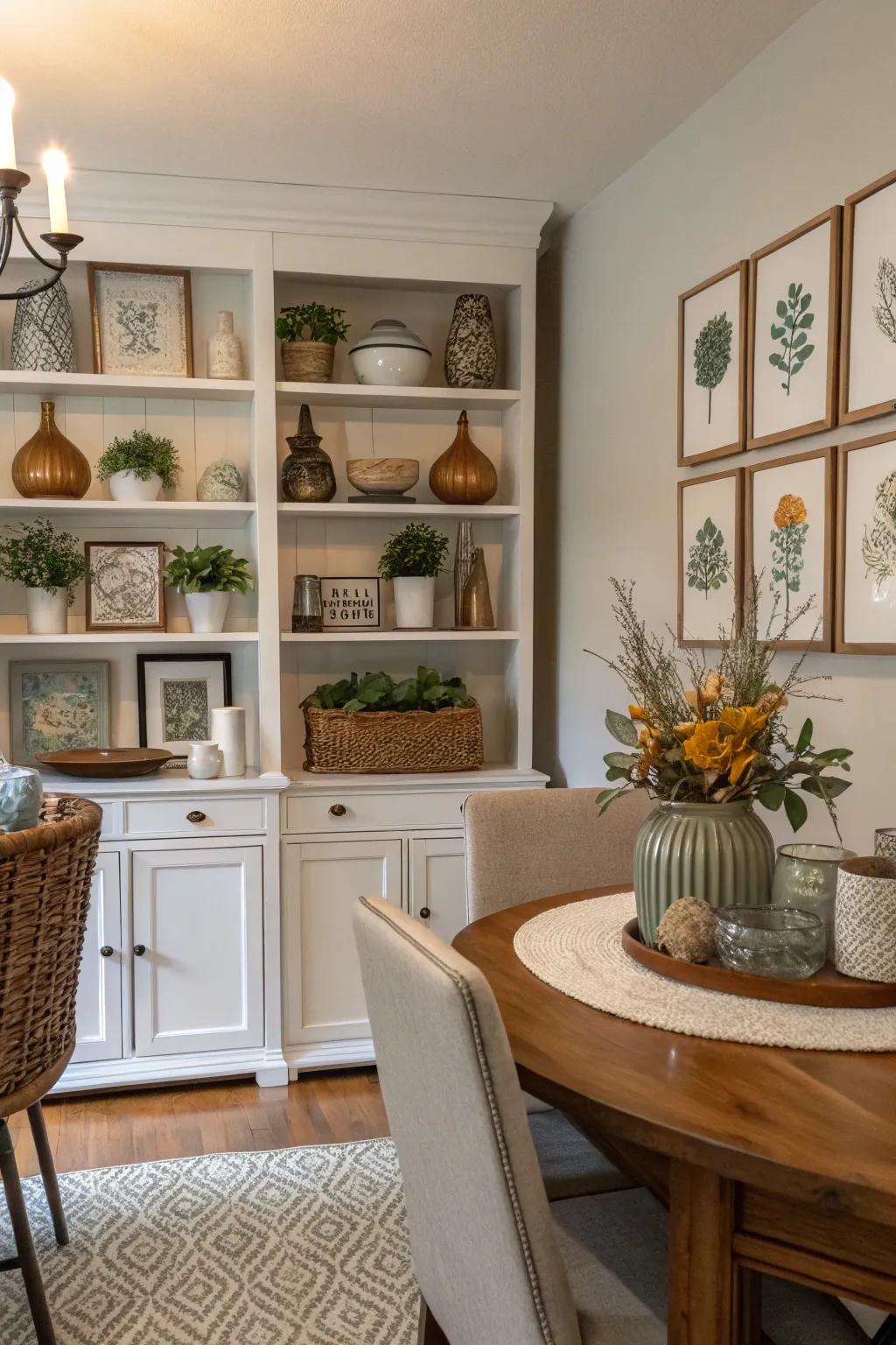 Decorative arrangements personalize dining room shelves.