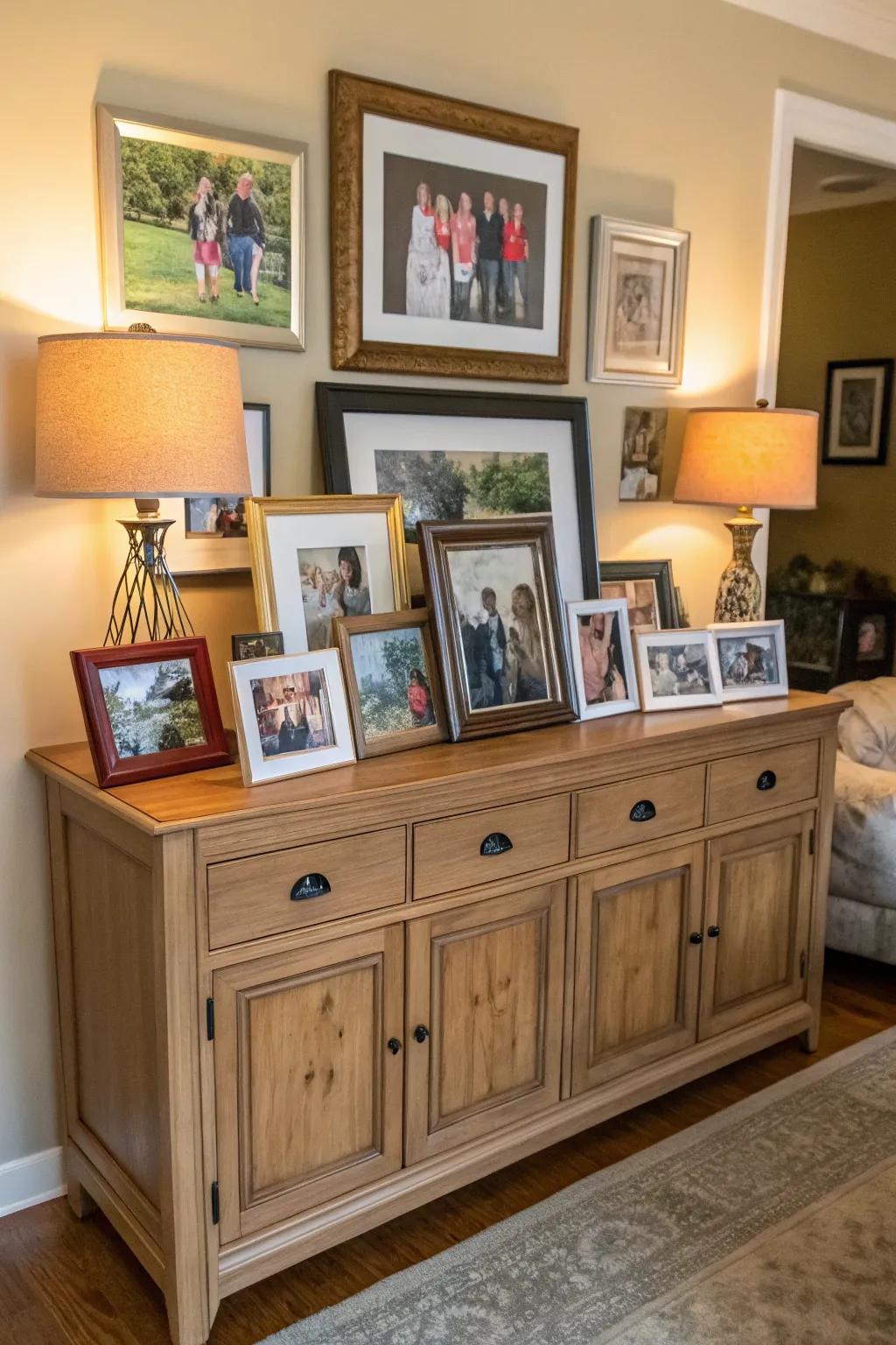 Personal touches with family photos on a sideboard create warmth and familiarity.