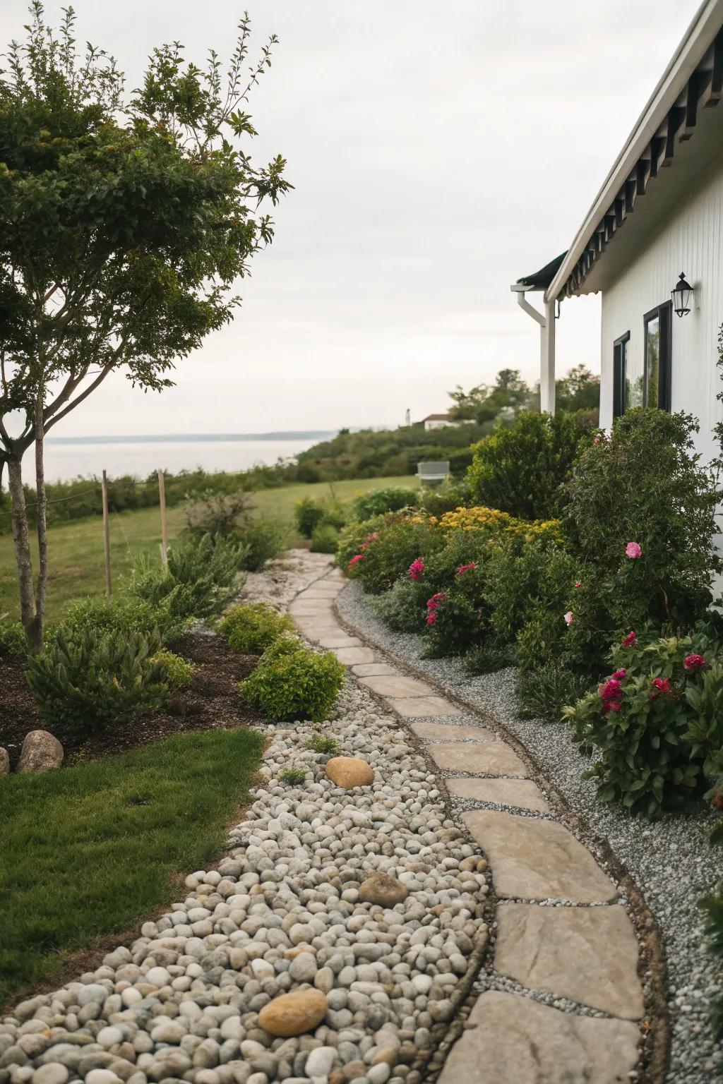 Pebble pathways offer a simple, zen-like vibe to any side yard.