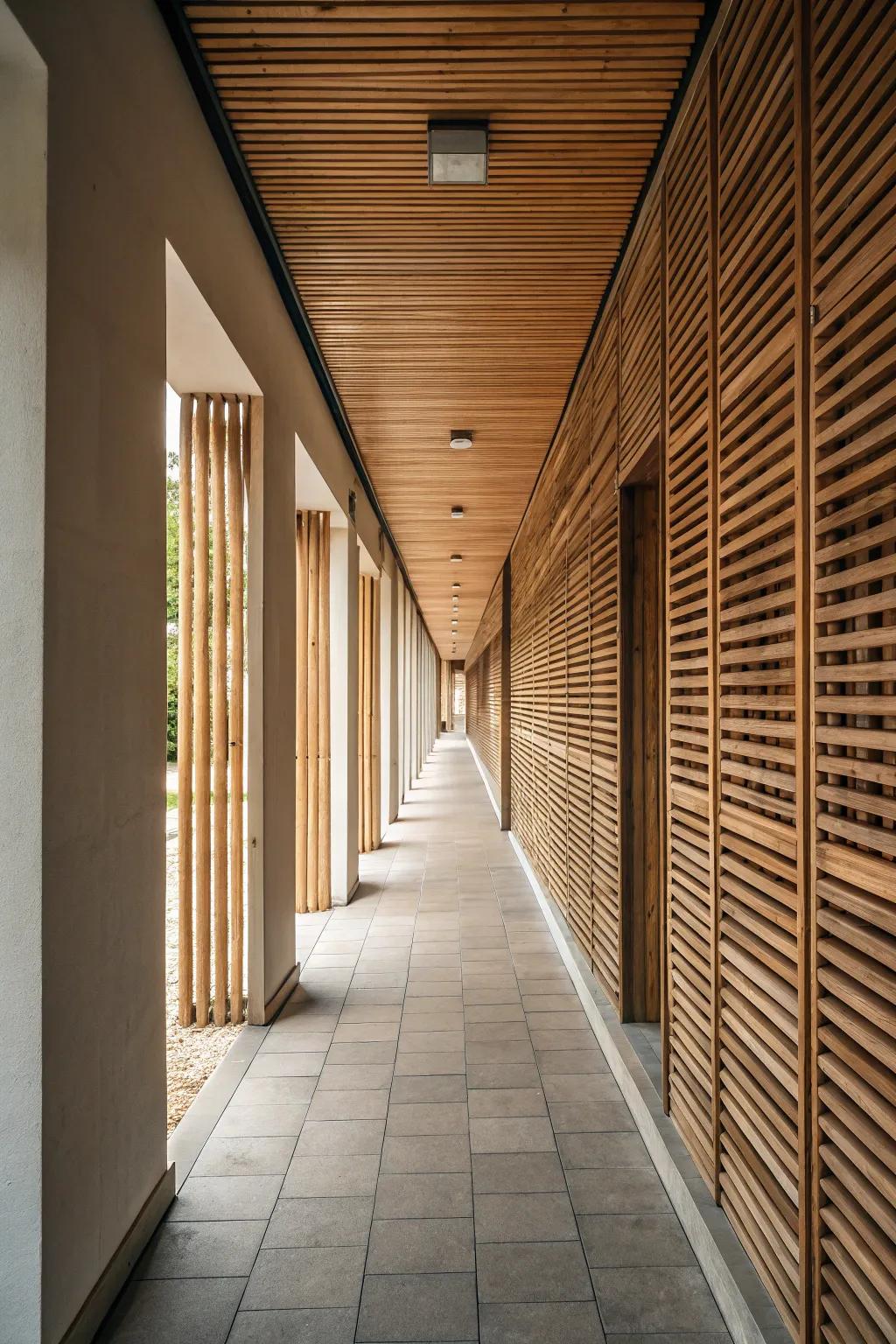 An expansive corridor revitalized with timber slat panels, adding textural interest.