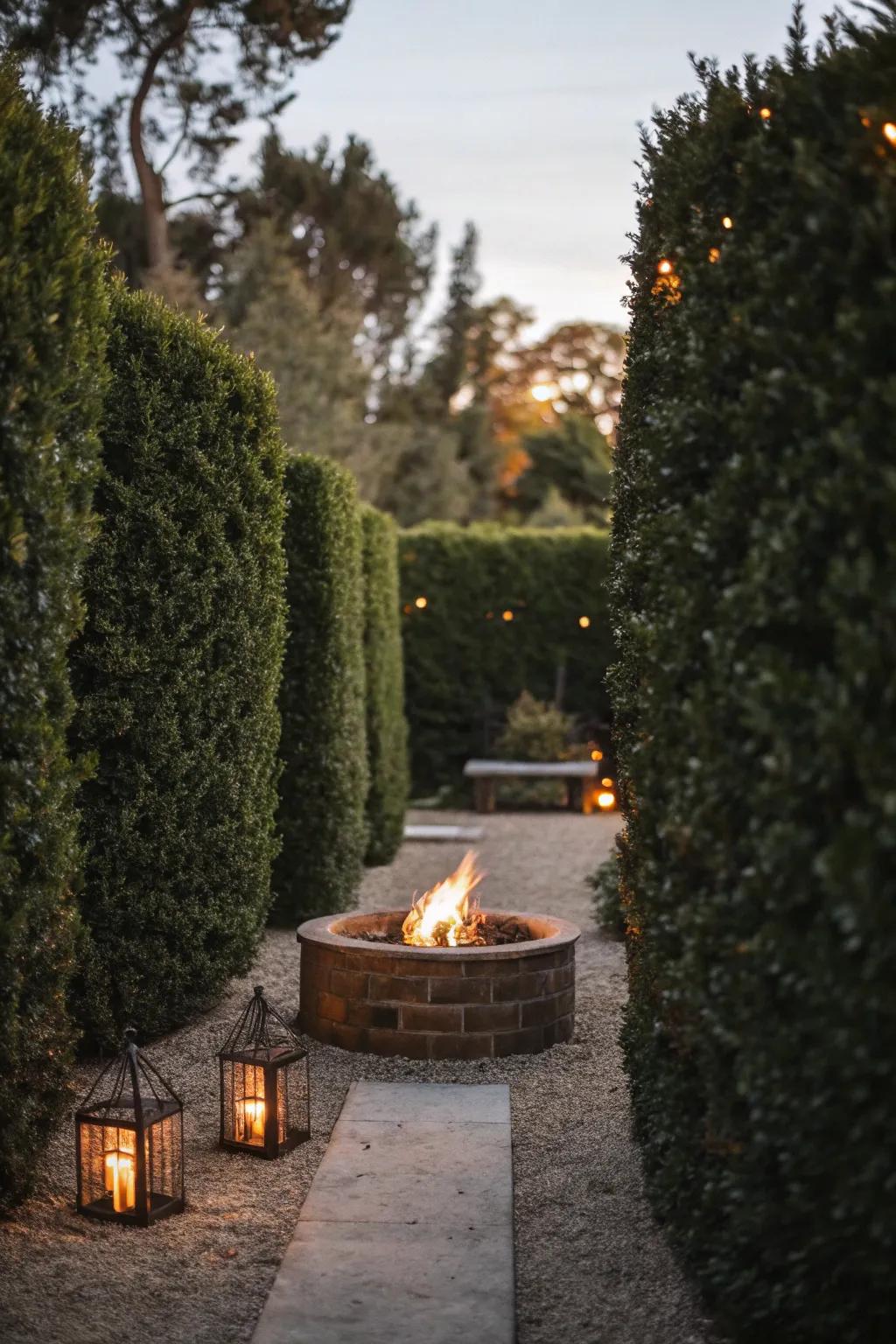 Tall hedges provide privacy and a sense of seclusion around the fire pit.