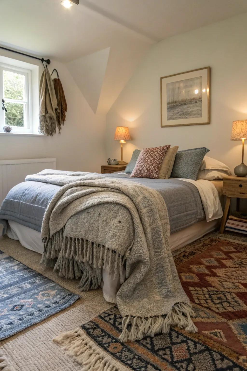 A small bedroom enhanced with layers of fabrics and rugs for added warmth and coziness.