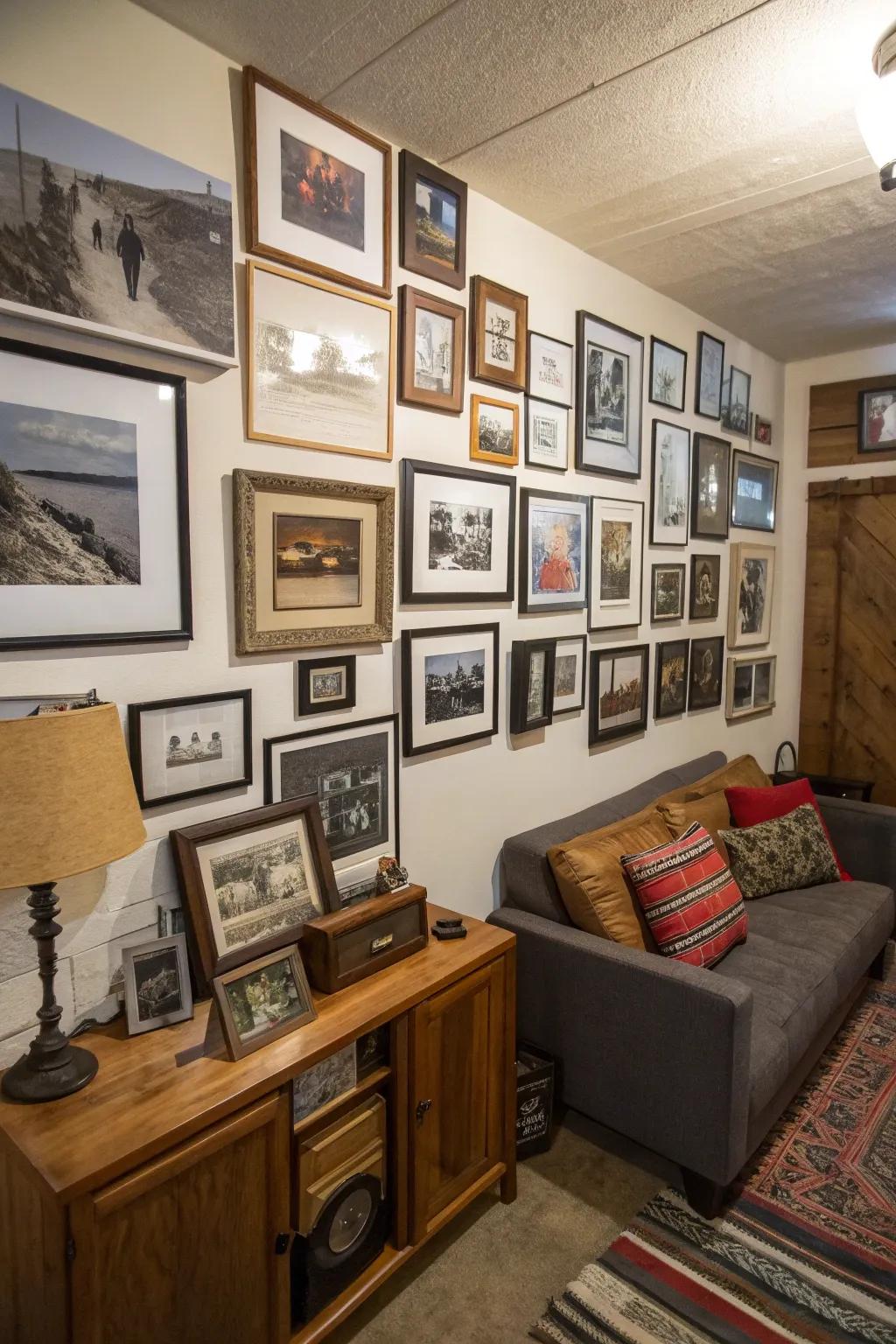 A personal gallery of framed photos adds character and warmth.