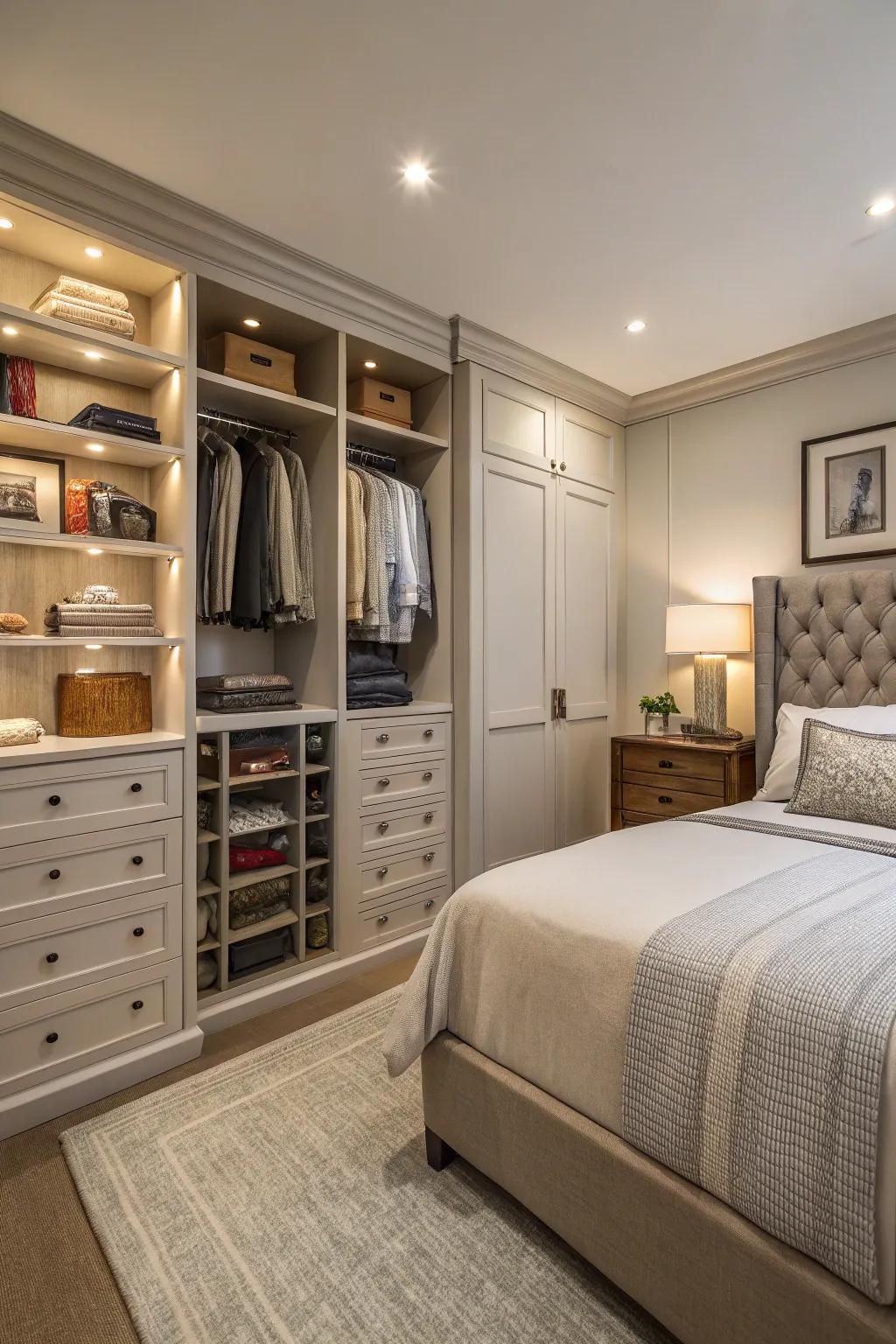 Integrated keeping solutions sustain order within a compact primary bedroom.