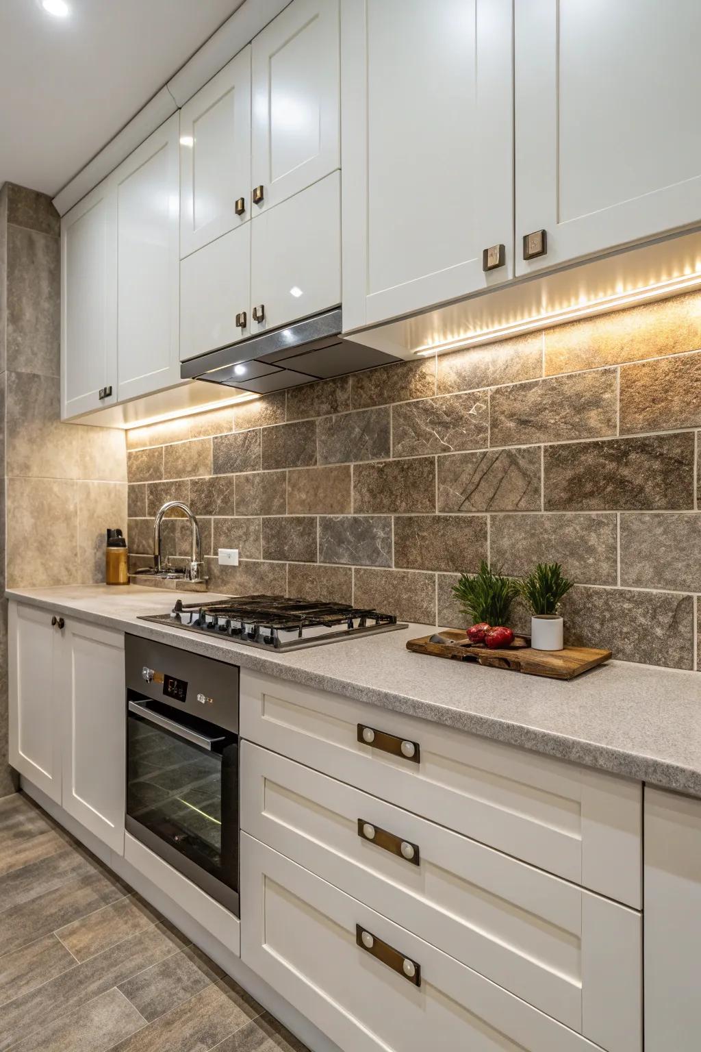 A blend of textures creates a dynamic and inviting backsplash.