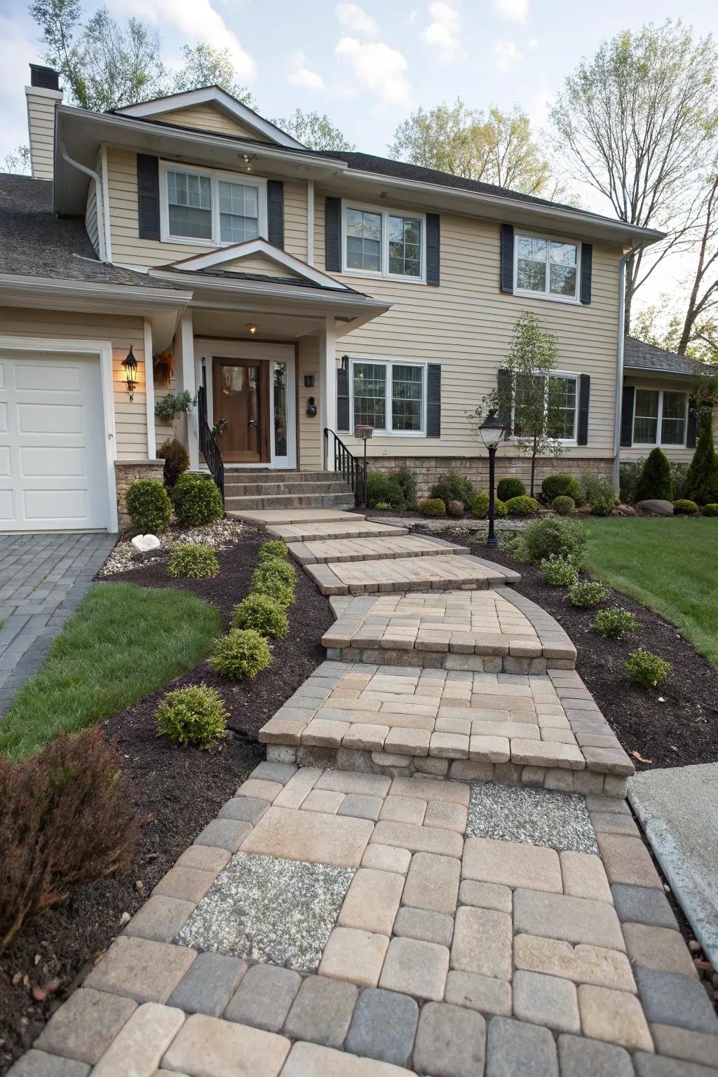 Layered walkways incorporate depth and guide visitors toward your entrance.