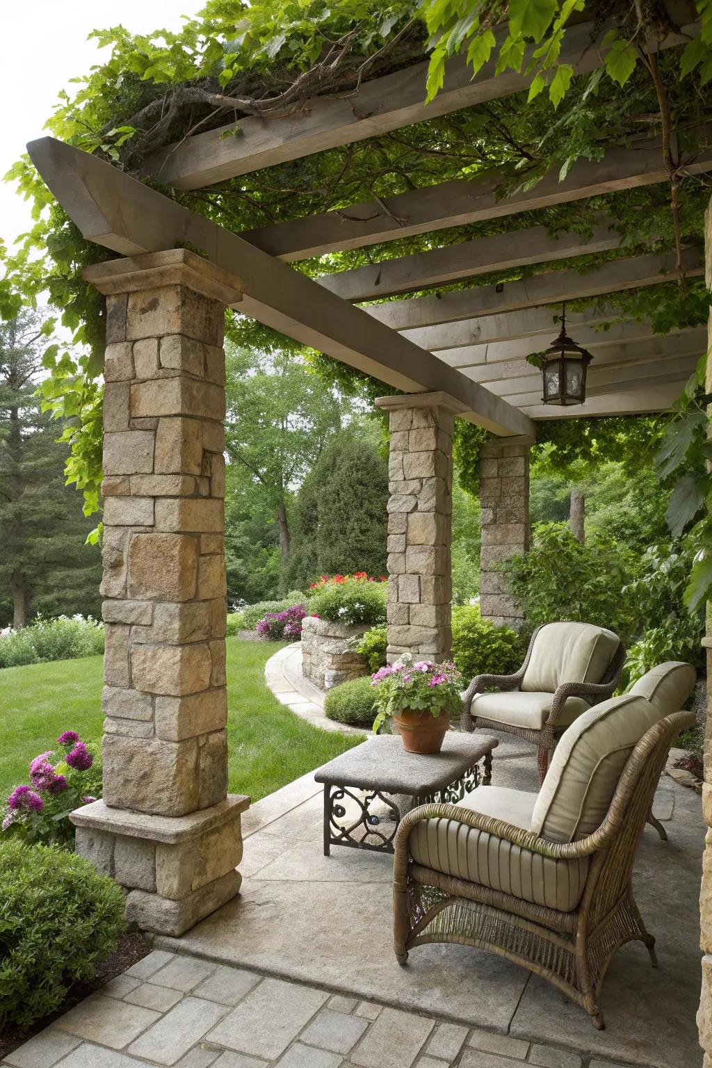 A stone pergola adds shade and elegant style.