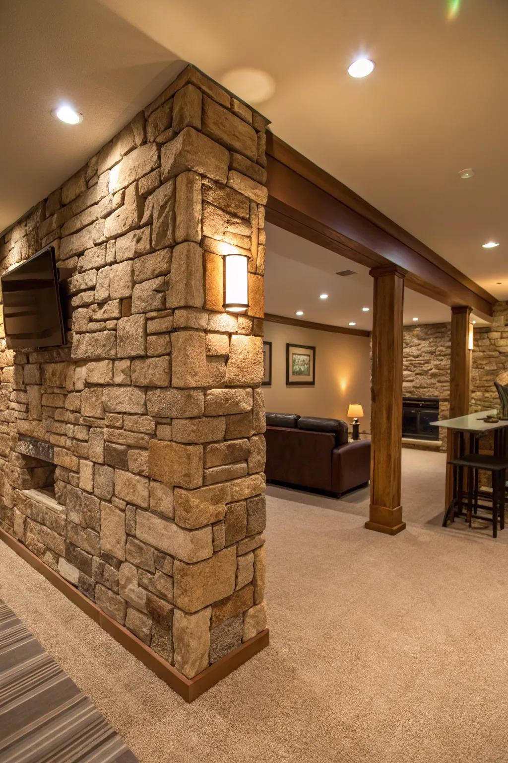 A basement elevated by the charm of a rock wall.
