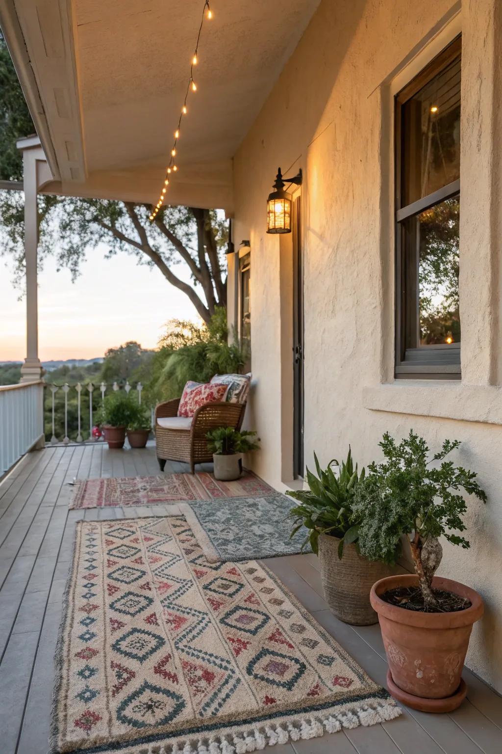 Cozy décor items make this stucco porch feel like home.
