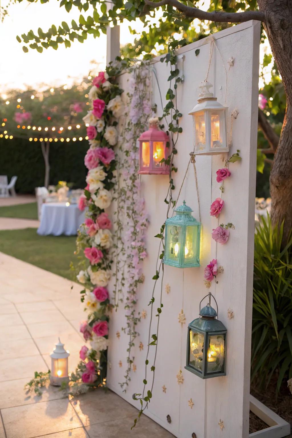 A board setup for a garden party with lanterns and flowers.