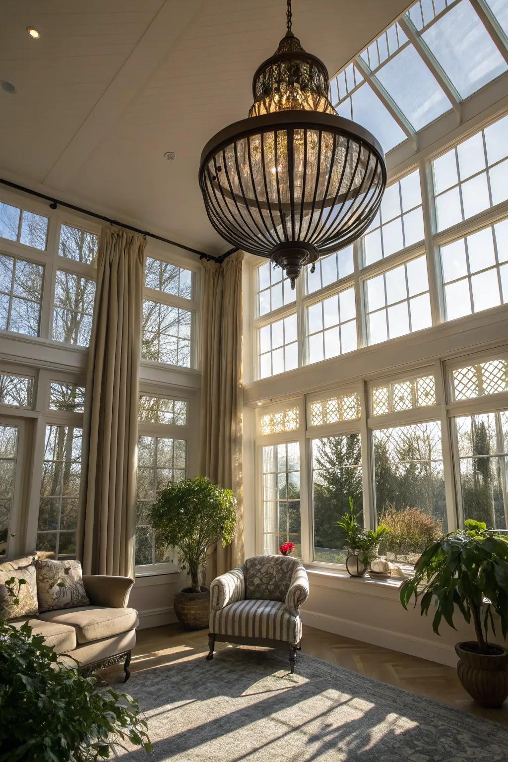 A focal illumination fixture brings character to this sunroom.