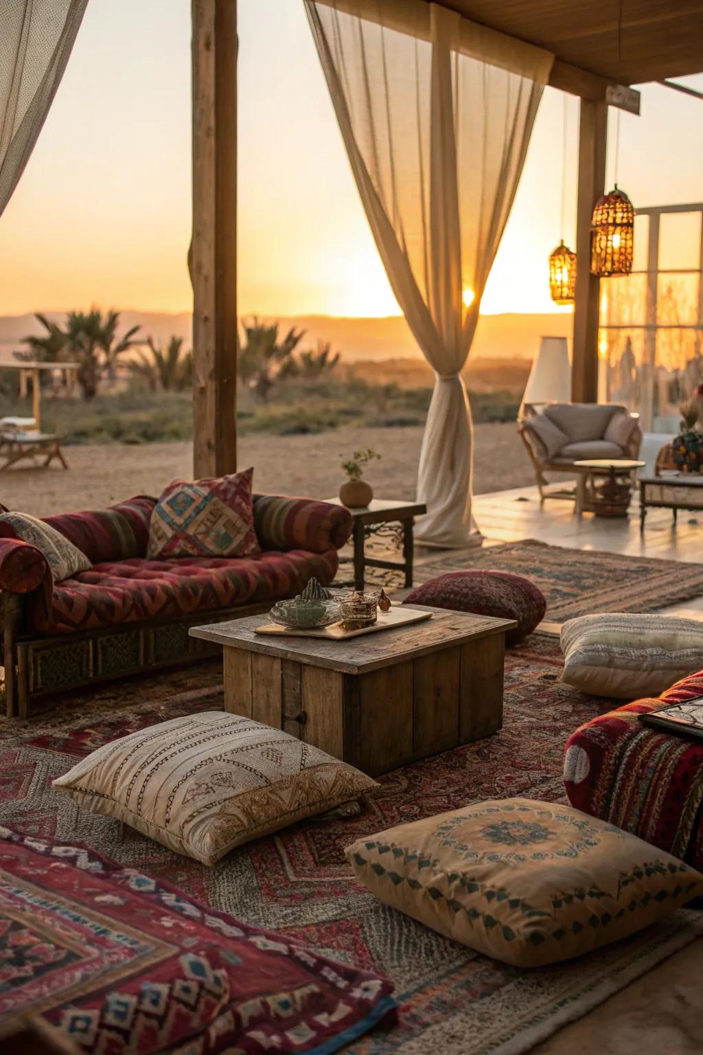 A bohemian unwinding space with cushions and rugs at sundown.