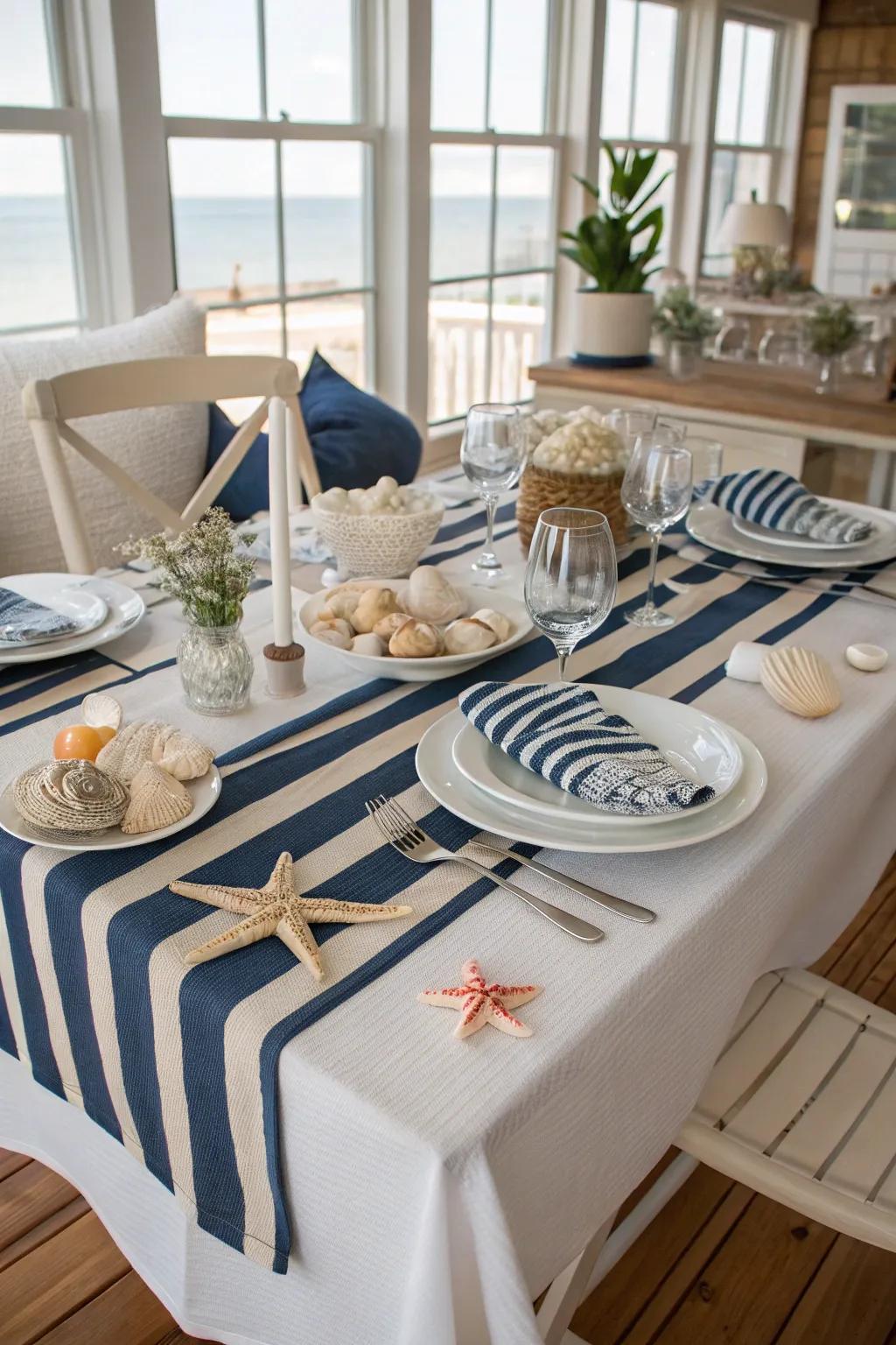 A nautical table arrangement featuring seashells and marine shades.