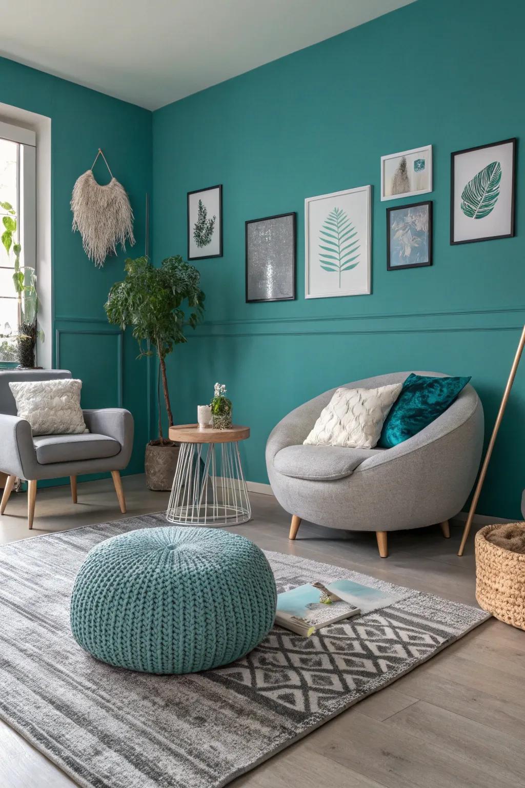 Refined modern room with teal and grey tones.