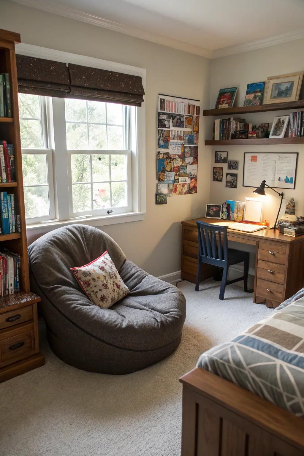 A cozy reading nook creates an inviting escape in the room.